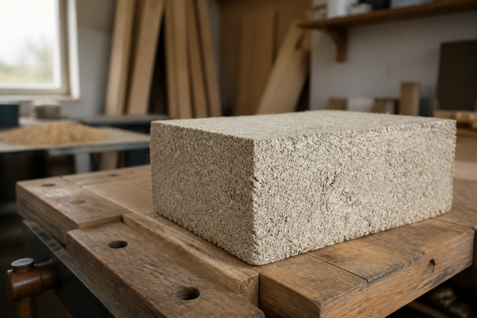Bloc de béton de chanvre posé sur un établi à côté d'une poignée de fibres textiles peignées et d'une pincée de chènevotte.