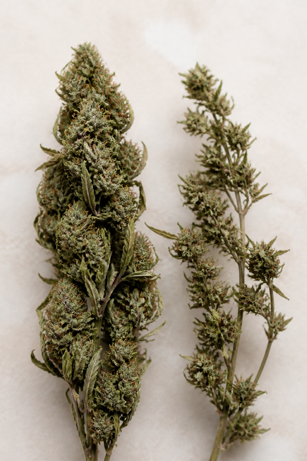 Deux inflorescences de chanvre séchées posées côte à côte sur un fond clair, l'une dense et compacte, l'autre plus aérée et allongée.