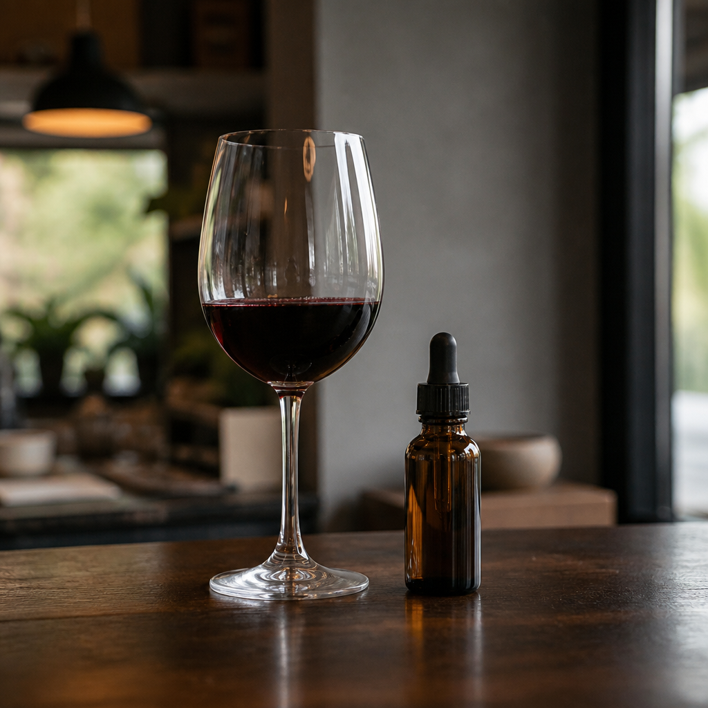 Verre de vin rouge à moitié plein et petit flacon compte-gouttes en verre ambré posés côte à côte sur un comptoir de bois sombre.